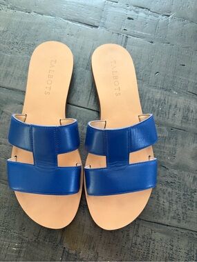 Talbots Royal Blue Double-Band Leather Slide Sandals